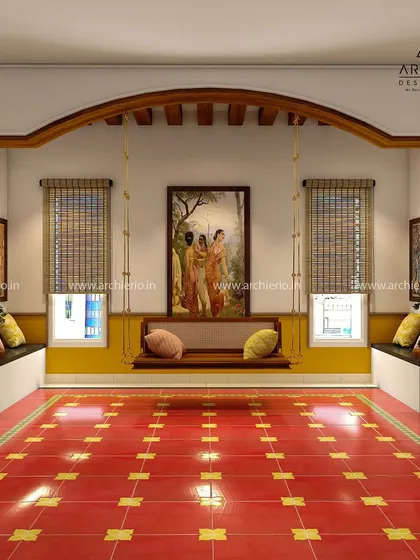 A wider view of the traditional Indian interior concept, showcasing the grand wooden archway and symmetrical seating around the swing.