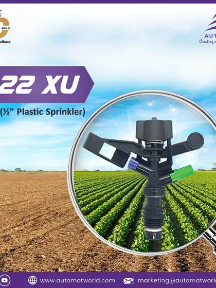 A closer look at the 22XU plastic mini sprinkler. This feature-packed tool is a great investment, designed to provide increased coverage and improve crop yield through uniform water distribution.