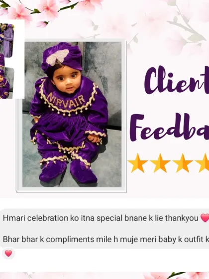 "Hmari celebration ko itna special bnane k lie thankyou." It was my absolute pleasure to create this royal purple outfit for your baby's special day. I'm so happy you received so many compliments.