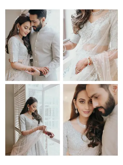 A collage of a couple's portraits, with close-ups on the intricate details of their coordinated pastel outfits and jewelry.