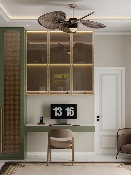 The study and storage area in the daughter's bedroom render. The design includes a sleek desk, rattan-paneled wardrobes, and backlit glass display cabinets, combining natural textures with modern forms.
