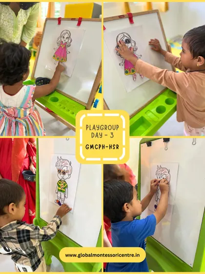 This collage captures both boys and girls enjoying the 'Dress Up' activity, showcasing how such creative tasks appeal to all children and foster their imagination.