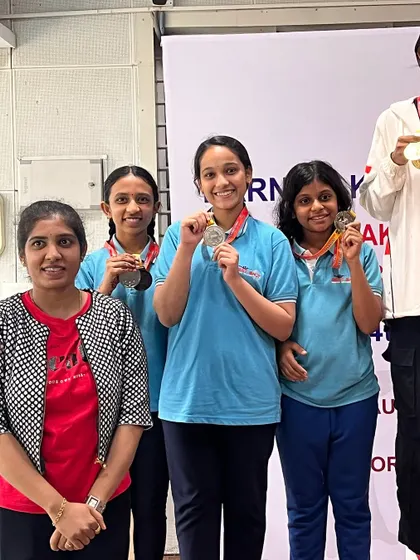 Our female shooters celebrating their impressive haul of medals at the state level Air Pistol NR match. Their collective success highlights the strength of our team.