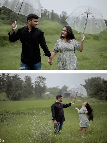A diptych showing the couple's playful moments during their rainy day pre-wedding shoot.