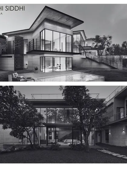 The Riddhi Siddhi villa in Lonavala, presented in a render and a final photograph. The design focuses on integrating the interior spaces with the exterior landscape, with large glass walls and open layouts that connect the home to its natural surroundings.