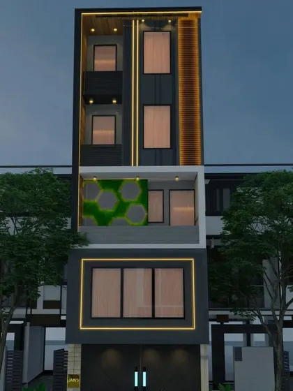 A full front elevation render for a narrow plot. This design stacks floors vertically with distinct visual blocks, using recessed balconies and accent lighting to create depth and architectural interest.
