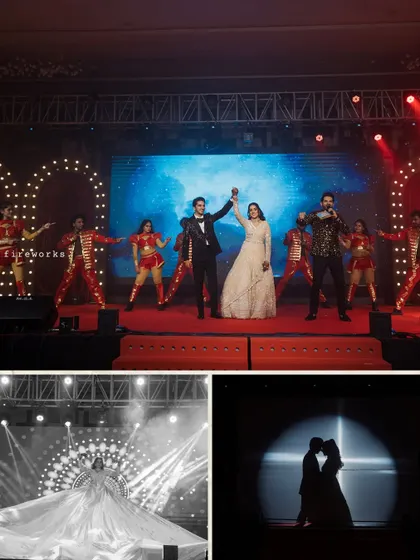 A collage from a high-energy Sangeet night, with professional dancers, dramatic lighting, and a grand stage.