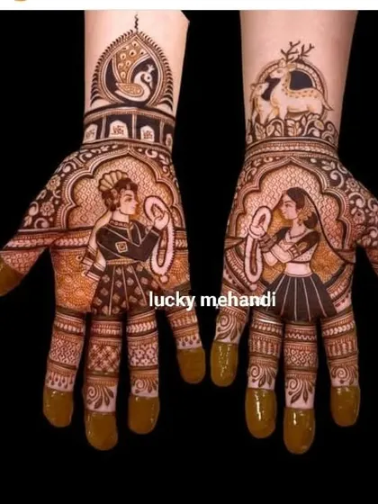 A creative take on the dulha-dulhan theme, with the groom holding a garland and the bride holding a mirror. The deer and peacock motifs add a touch of nature.