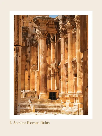 An inspiration board showing the ancient Roman ruins of Baalbek, Lebanon. This image of one of the grandest temple complexes of the Roman Empire was a key source of inspiration for the 'Lost City' project.
