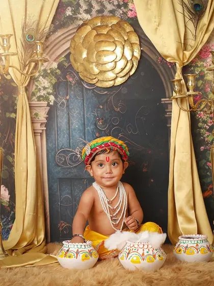 Another joyful expression from our little Kanha. This portrait captures the playful spirit of Lord Krishna amidst a beautifully detailed and festive backdrop.