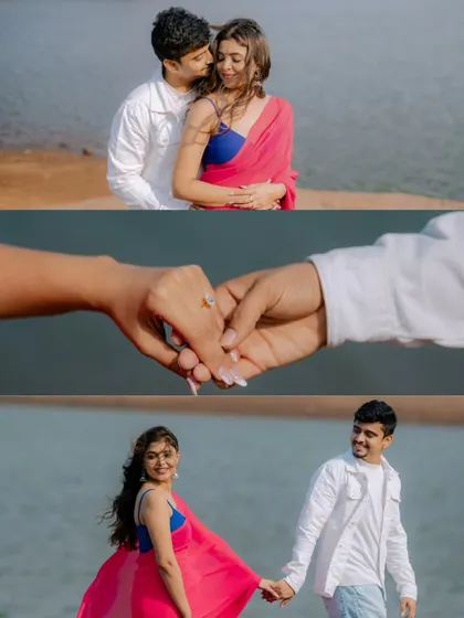 This collage highlights the different kinds of shots we take during a lakeside pre-wedding session, from romantic embraces to close-ups of hands, all telling a part of the story.
