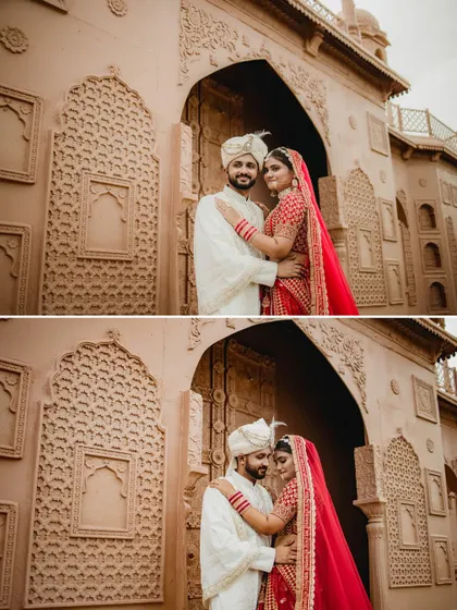 A collage of two intimate portraits of the couple in front of an ornate doorway. Their loving embrace and gentle smiles make these timeless and romantic shots.
