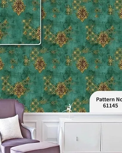A room mockup featuring a deep teal wallpaper with a traditional damask pattern in gold and brown.