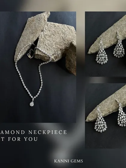 This exquisite pear-shaped diamond neckpiece and earring set is more than a treasure. It is a canvas waiting to reflect your moments, from candlelit dinners to grand celebrations.