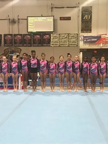 Our Xcel Silver team lines up at the Svetlana Invitational, where they took 2nd place as a team.