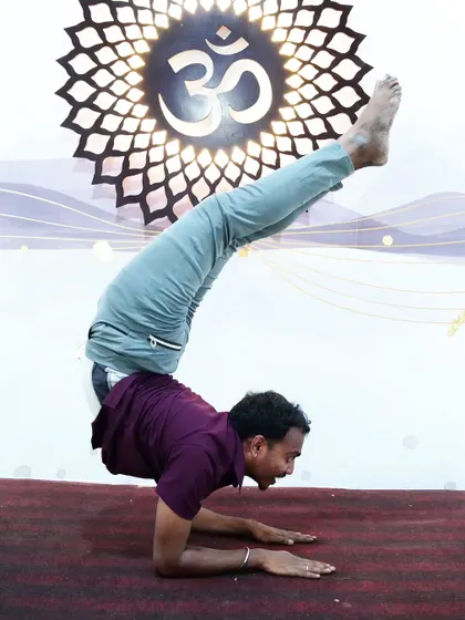 A smiling student holds a forearm stand, or Pincha Mayurasana, an exhilarating inversion that builds upper body strength.