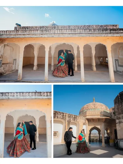 A collage of Ishant and Saloni's pre-wedding shoot in the beautiful courtyards of Amer Fort, showing their traditional outfits and romantic poses.