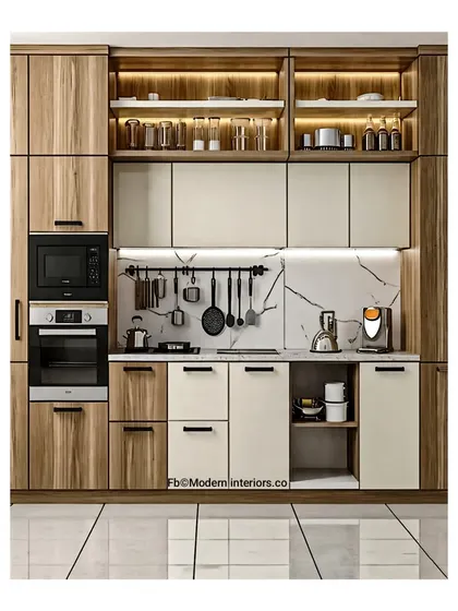 A beautiful example of a two-tone kitchen, this design uses wood and cream laminates for a sophisticated look. The built-in appliance unit keeps everything streamlined, and the hanging rack for utensils is a practical touch.