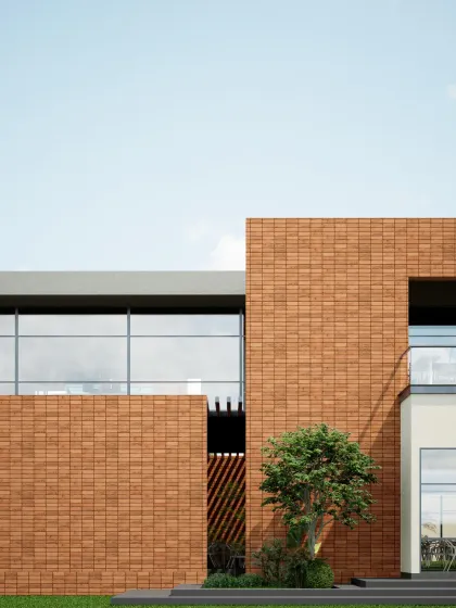 The front facade of the TheraNym office building, showing the interplay between the solid brick volumes and the transparent glass curtain walls. This balance allows for both privacy and openness within the workspace.
