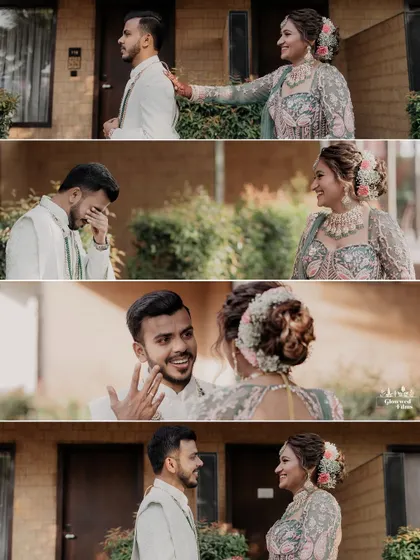 The emotional first look between Bhavi and Vishesh. This sequence captures the groom's tearful, joyful reaction to seeing his bride.