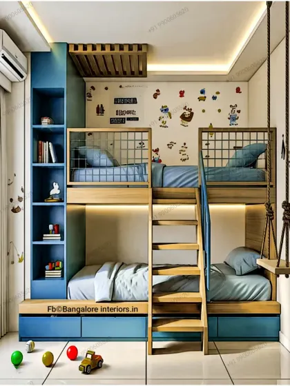 This triple bunk bed design is perfect for a large family or sleepovers. It includes a fun swing and integrated bookshelves for a complete play and rest zone.
