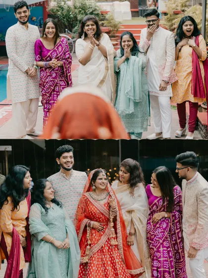The emotional 'first look' moment as the bride reveals her wedding attire to her family.