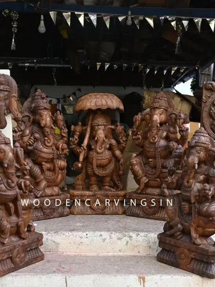A collection of our Ganesha sculptures prepared for Ganesh Chaturthi. This image shows the variety of sizes and poses we offer, from 12-inch wall mounts to large 36-inch statues, all in a classic wax brown finish.