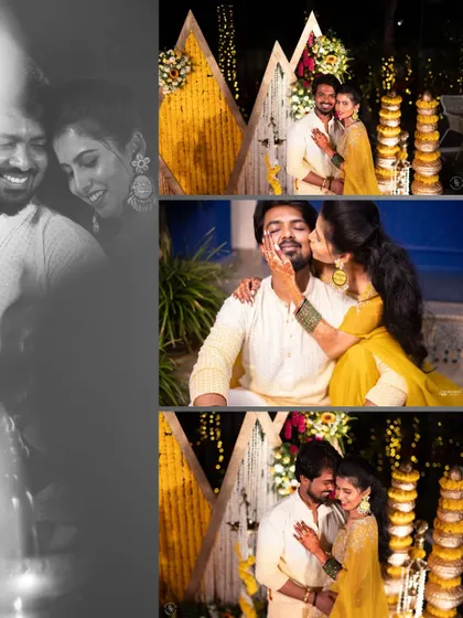 A collage of playful and romantic moments from a couple's Haldi, showing kisses on the cheek and loving embraces.