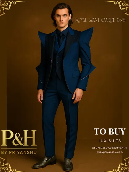 A striking combination of royal blue and black. This full-body view shows the black lapels and accents creating a bold contrast against the deep blue fabric, adding another layer of futuristic dimension.