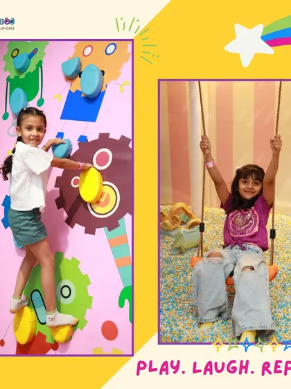 Play, laugh, repeat. A snapshot of kids enjoying the climbing wall and the swing.