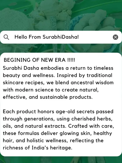 Our philosophy is simple: blend ancestral wisdom with modern science. I use age-old recipes and cherished herbs to create products that deliver glowing skin and healthy hair, reflecting the richness of India's heritage.