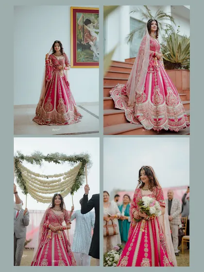 A collage showcasing the bride's journey on her wedding day, from her solo portraits to her graceful entrance under the phoolon ki chadar.