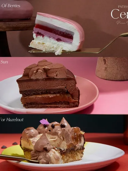 This image showcases the beautiful cross sections of three of my creations. You can see the layers of love and precision in the Explosion of Berries, Midnight Sun, and Go Nuts For Hazelnut.