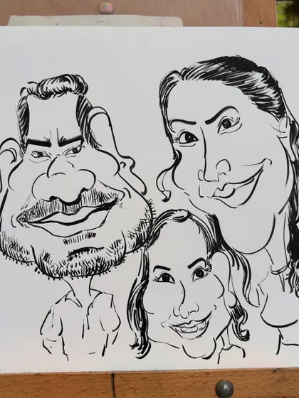 A black and white group caricature, focusing on the pure linework and expressive faces.