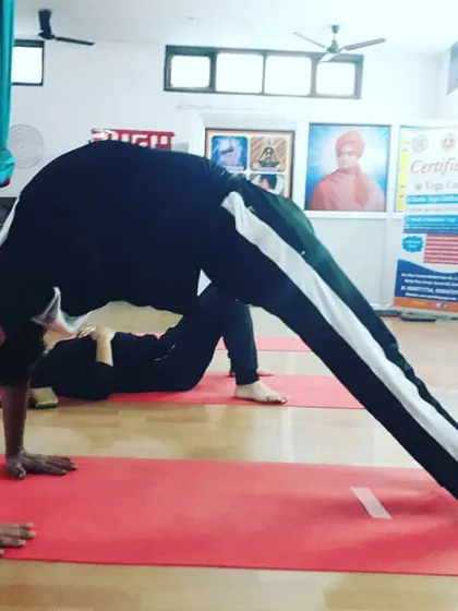 A student holds a variation of Camatkarasana (Wild Thing Pose), a joyful backbend that opens the chest and shoulders.