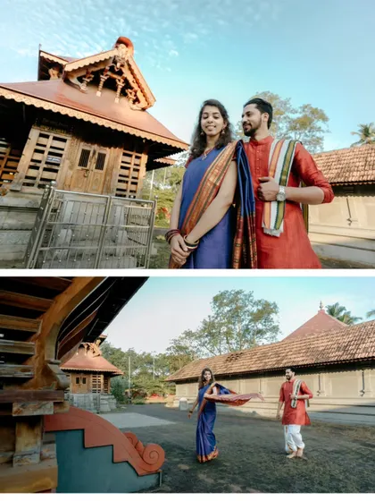 A collage showing the couple in traditional attire against the backdrop of a classic Karavali-style building, capturing both posed and candid moments.