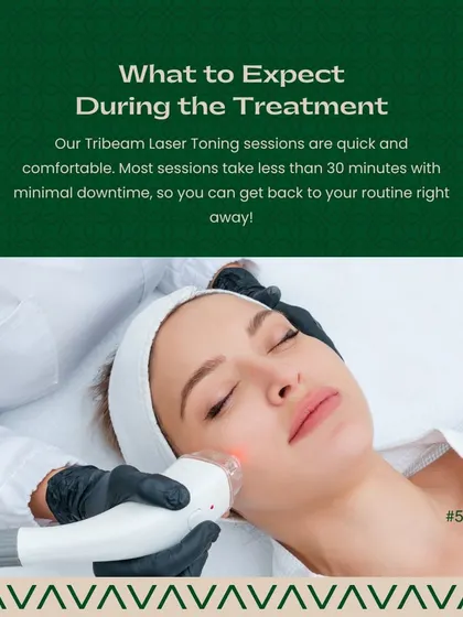 This image depicts a Tribeam Laser Toning session. These treatments are typically quick, comfortable, and require minimal downtime, usually taking less than 30 minutes. This allows patients to return to their daily routine immediately after the session.