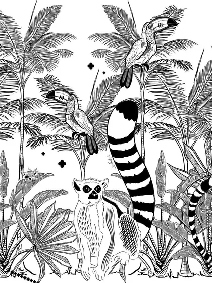 The full composition for my 'Treasures of Madagascar' print. This intricate black and white pattern is filled with the unique wildlife of the island, including ring-tailed lemurs and toucans hidden among exotic jungle foliage.