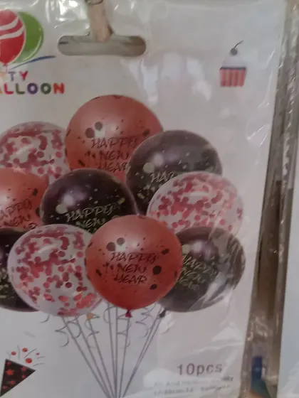 A pack of 'Happy New Year' confetti balloons. These balloons come pre-filled with confetti, adding a touch of sparkle and fun to your party decor.