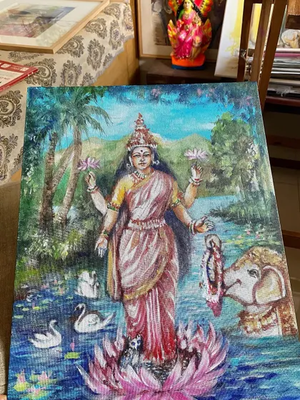 A closer look at my Goddess Lakshmi painting on canvas. The details, from the flow of the river to the elephant's gesture, were painted with so much love and devotion.