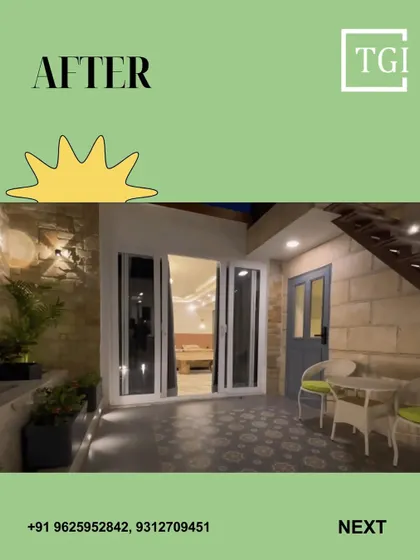 A swipe-through post showing the after-shot of a cozy patio area. The space is complete with stone-clad walls, elegant tiling, and comfortable seating.