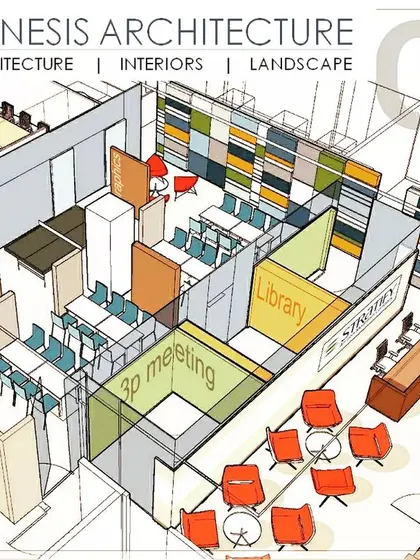 Space planning is the foundation of good design. This 3D conceptual sketch for an office interior shows how we map out different zones like meeting areas, a library, and collaborative spaces to create a functional and dynamic workflow.