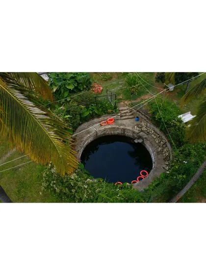 A clear, top-down view of the well, showing the safety rings floating in the dark, cool water.