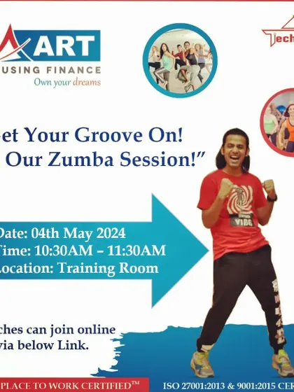 An announcement for a hybrid Zumba session with Art Housing Finance. I make sure that even employees in different branches can join the fun online.