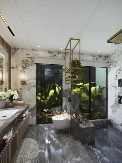 An oasis of luxury where natural elements meet modern design. This bathroom features a sunken tub, dramatic marble, and large windows looking out onto lush greenery.