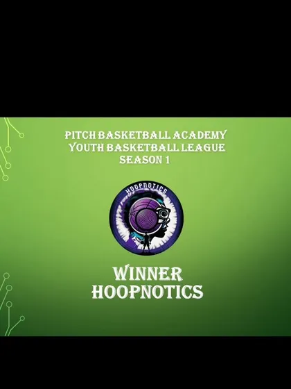 An announcement graphic celebrating Hoopnotics as the winners of Youth Basketball League Season 1.