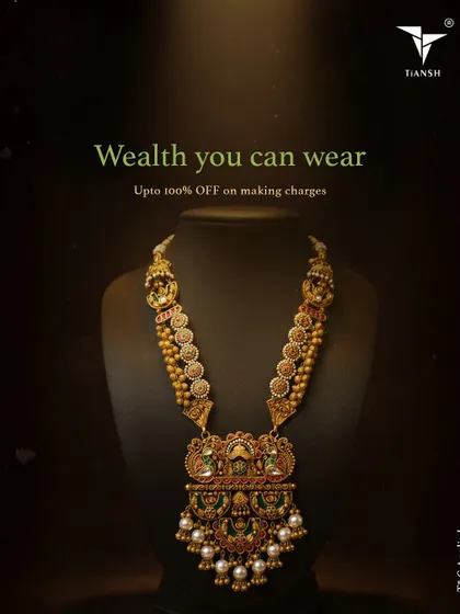 This is wealth you can wear. A traditional gold haar with intricate carvings and pearl drops, this piece is an investment in artistry and heritage, perfect for marking a new beginning.