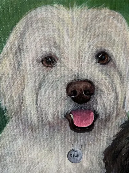The happy, panting face of Kiwi. Getting the texture of white fur right involves carefully layering shades of grey, blue, and cream to create depth and softness.