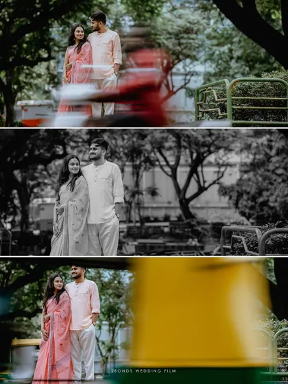 A creative collage using foreground blur and black and white to add an artistic, cinematic feel to the couple's portrait in a park.
