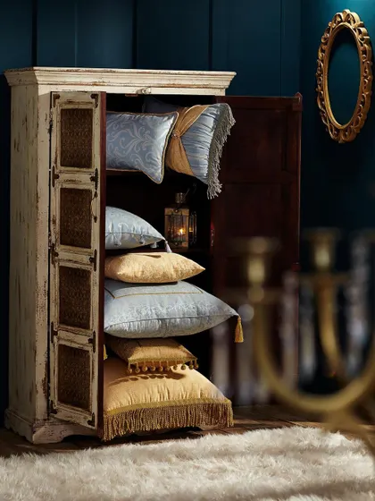 A creative product shot for a home fashions brand. We used a rustic cabinet to display the luxurious pillows, creating a beautiful contrast and telling a story of hidden treasures.
